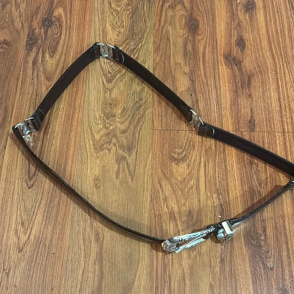 Fossil brown leather belt with silver buckle filigree hardware belt
